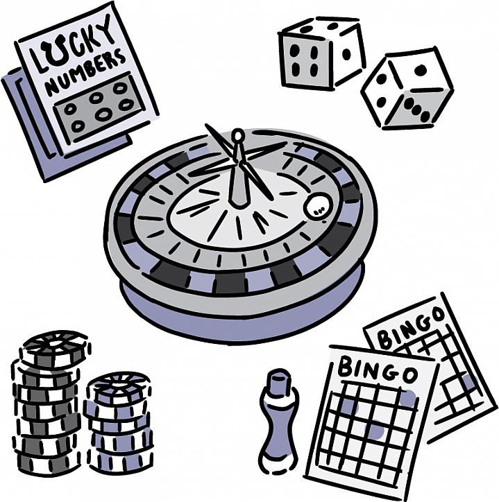 Illustration of things used in gambling, including lottery ticket, dice and chips Illustration of things used in gambling, including lottery ticket, dice and chips.
