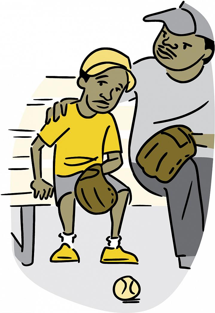 Illustration of dad comforting his tired looking son on a break from playing baseball Illustration of dad comforting his tired looking son on a break from playing baseball.