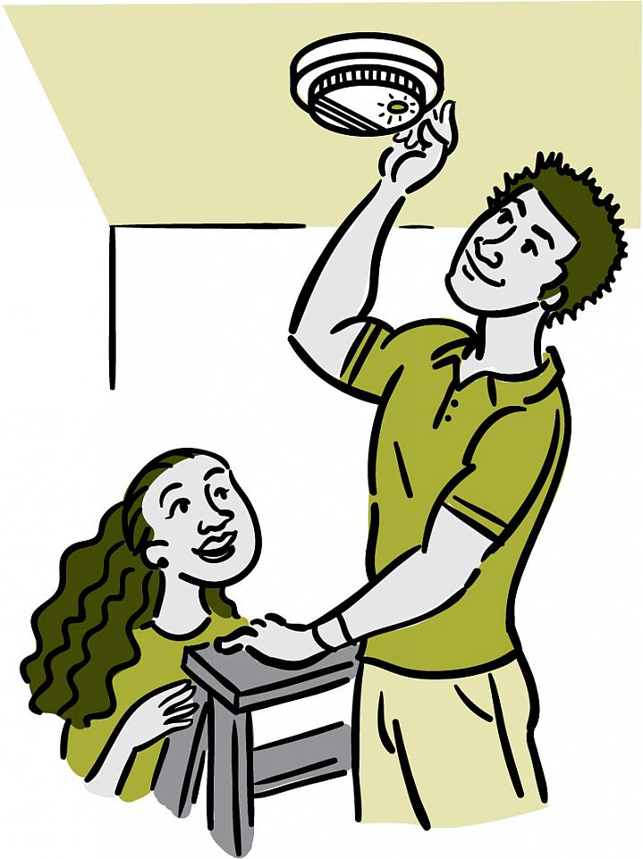 Illustration of a man on a ladder checking a ceiling smoke detector Illustration of a man on a ladder checking a ceiling smoke detector.
