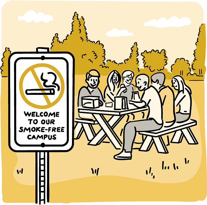 Cartoon of a “No-Smoking” sign in an open outdoor area, with nearby people enjoying a picnic lunch Cartoon of a “No-Smoking” sign in an open outdoor area, with nearby people enjoying a picnic lunch.