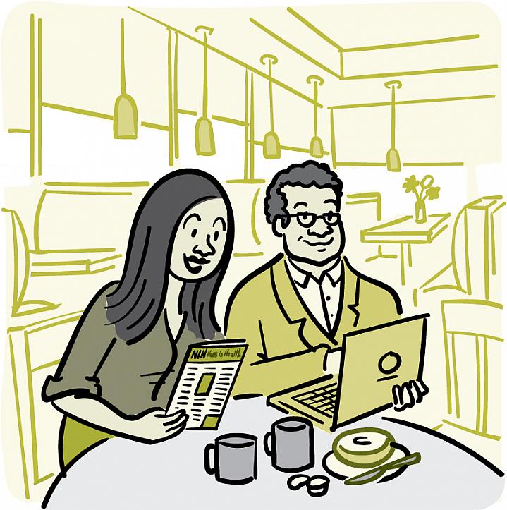 Illustration of a man and a woman reading the NIH News in Health newsletter Illustration of a man and a woman reading the NIH News in Health newsletter.