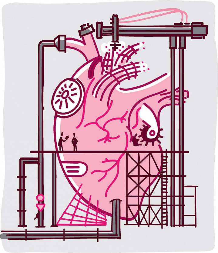 Whimsical illustration of a heart being repaired by construction workers Whimsical illustration of a heart being repaired by construction workers.