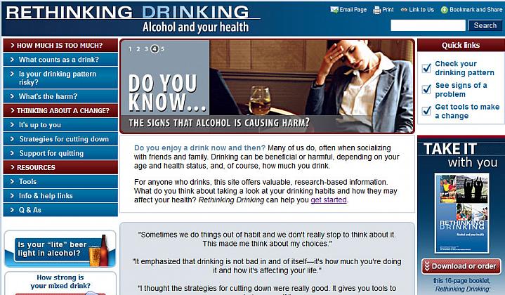 Screen capture of the homepage for the Rethinking Drinking website Screen capture of the homepage for the Rethinking Drinking website.