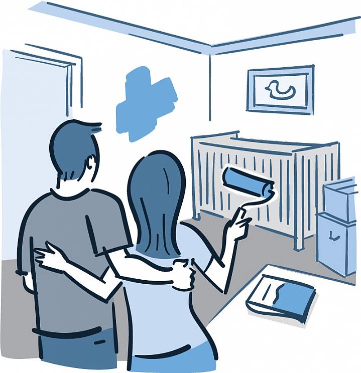 Illustration of a man and woman painting the walls of a nursery room Illustration of a man and woman painting the walls of a nursery room.