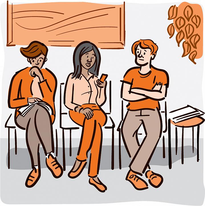 Illustration of a 3 people sitting in a doctor’s waiting room Illustration of a 3 people sitting in a doctor’s waiting room.