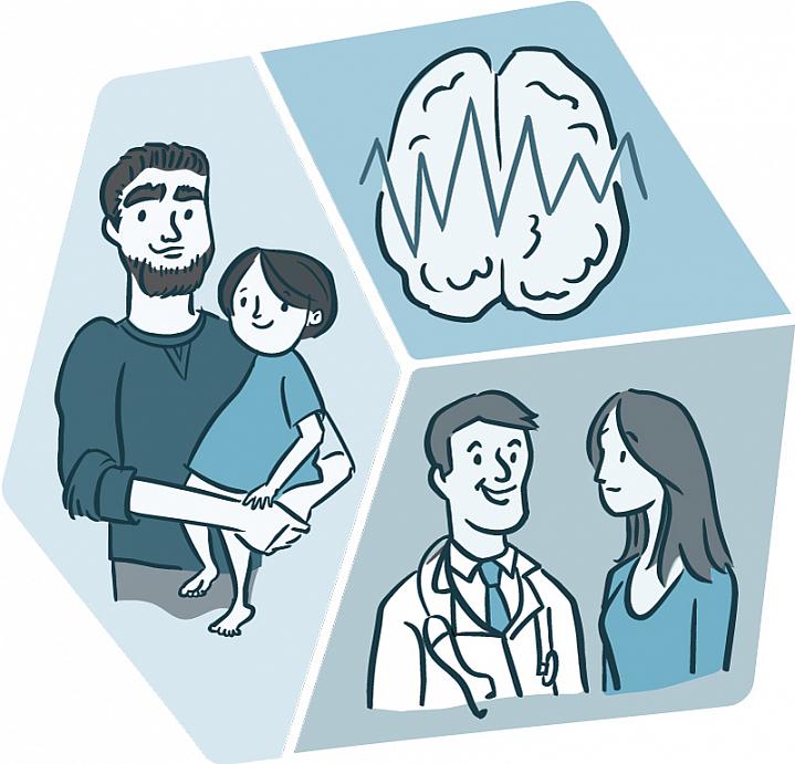 Illustration of a man holding a child; a doctor and patient; and a brain Illustration of a man holding a child; a doctor and patient; and a brain.