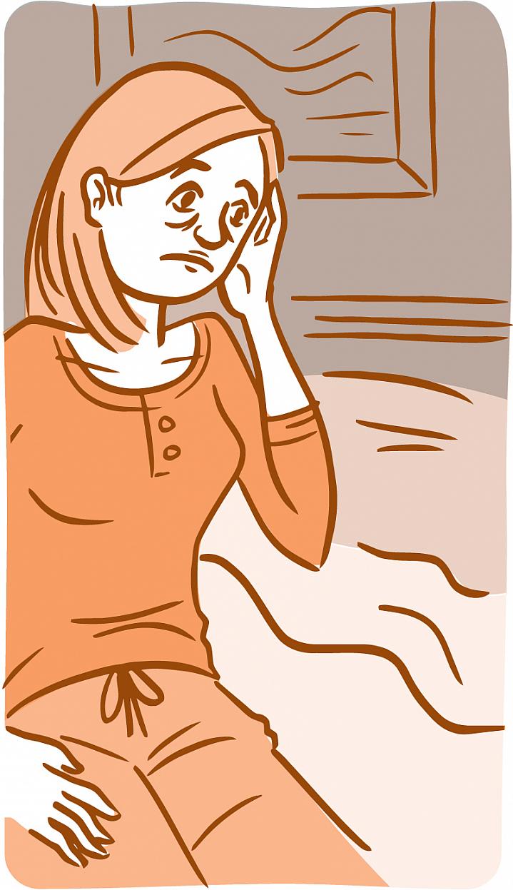 Illustration of a tired and unhappy-looking woman touching her temples Illustration of a tired and unhappy-looking woman touching her temples.
