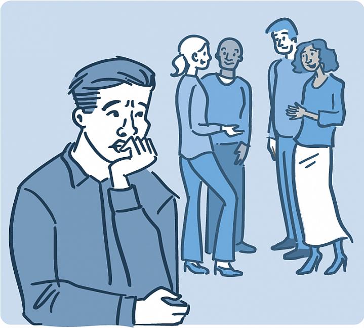 Illustration of a worried man standing apart from a circle of friends Illustration of a worried man standing apart from a circle of friends.