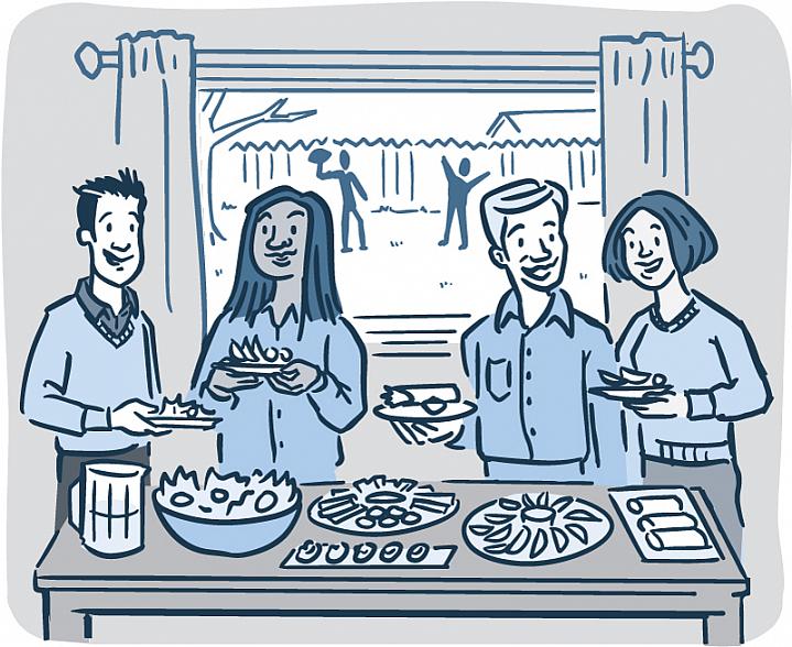 Illustration of adults at a holiday buffet table filled with healthy foods Illustration of adults at a holiday buffet table filled with healthy foods.
