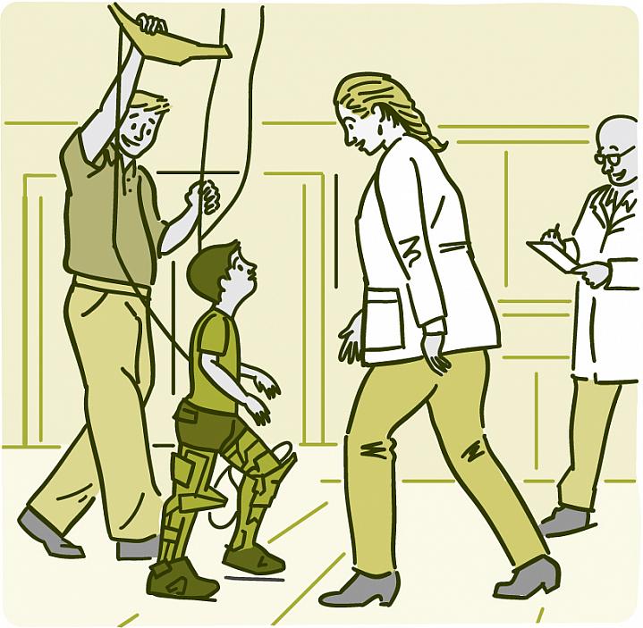 Illustration of a child wearing the robotic exoskeleton in a laboratory Illustration of a child wearing the robotic exoskeleton in a laboratory