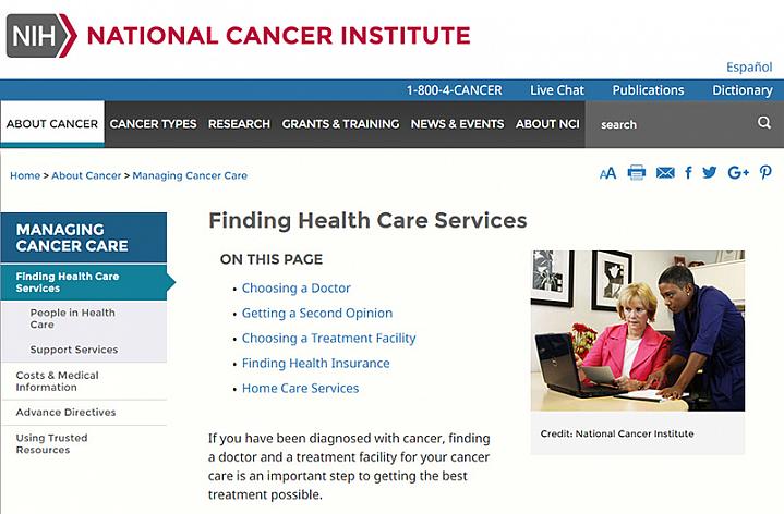 Screenshot of the finding cancer health care services website Screenshot of the finding cancer health care services website
