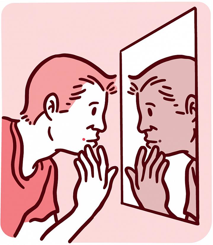Illustration of a man looking in a mirror at a spot on his face Illustration of a man looking in a mirror at a spot on his face