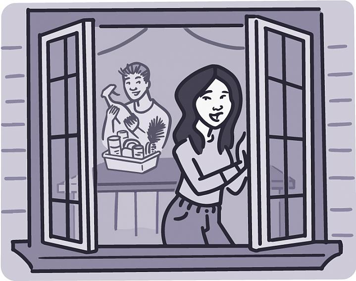 Illustration of a woman opening the window Illustration of a woman opening the window
