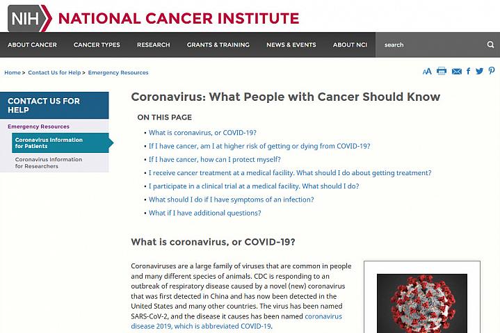 Screenshot of the Coronavirus: What People with Cancer Should Know website Screenshot of the Coronavirus: What People with Cancer Should Know website
