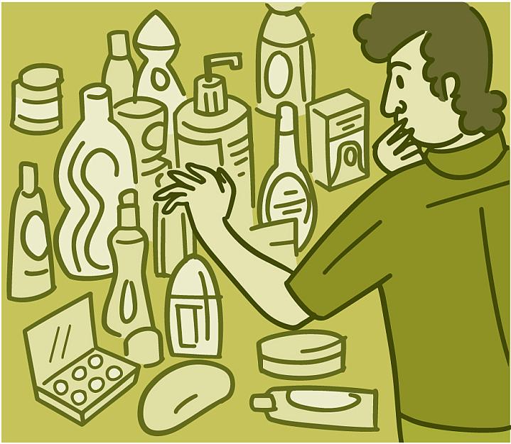 Illustration of a person looking at personal care products Illustration of a person looking at personal care products