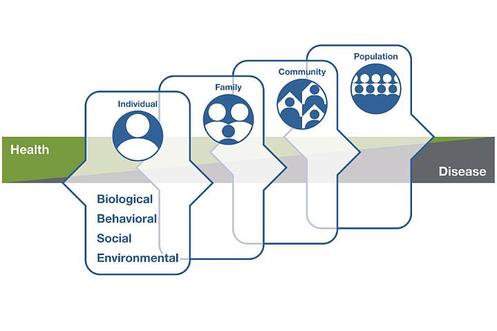 Whole person health framework Illustration of the whole person health framework showing what affects health and disease. Individuals, families, communities, populations are shown as interconnected with biological, behavioral, social, environmental impacts on the individual.
