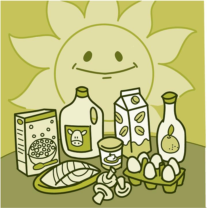 Illustration of the sun shining down on foods with vitamin D Illustration of the sun shining down on foods with vitamin D, including milks, eggs, cereal, fish, and mushrooms.