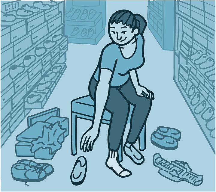 Illustration of a woman at a shoe store trying on shoes Illustration of a woman at a shoe store trying on shoes.